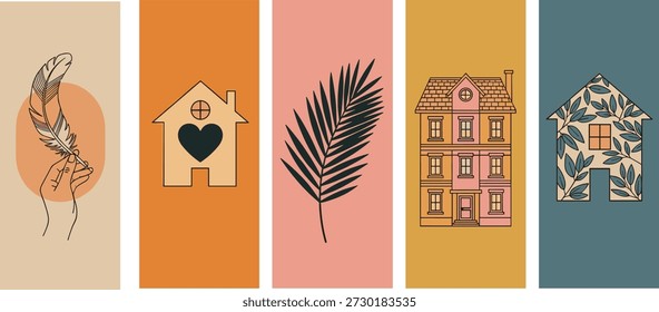 Modern abstract panels with feathers, house icons, botanical shapes, minimalist design, colorful backgrounds, artistic home decor