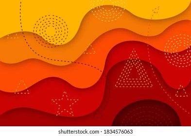 Modern abstract paper cut background. Red, orange and yellow background with dotted lines forming swirls, circles, triangles, and stars. Wavy, papercut wallpaper.