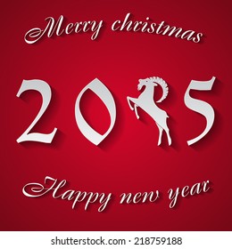 Modern abstract paper white goat in  2015 numbers and happy new year  and merry christmas  message on red background. vector illustrations.