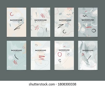 Moderno abstracto parcialmente monocromo vector estilo suave de color conjunto de fondos estilo moderno 
plantillas con formas artesanales geométricas y artísticas de dibujo a mano y arte de línea. Afiche estilo 80º memphis