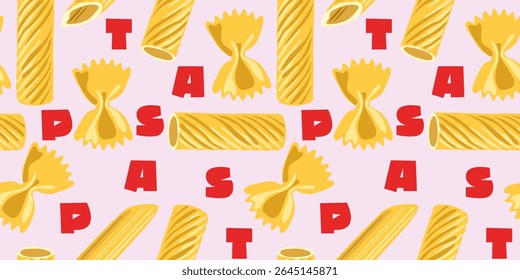 Modern abstract pasta seamless pattern. Hand drawn vector food print design for fabric, textile, wallpaper, food package design. Different shapes of Italian pasta and red text