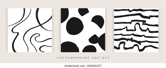Modern abstract pattern art set. Contemporary trendy black and white art print template. Minimalist vector set perfect for packaging design, web design, fabric, wallpaper, printing materials.