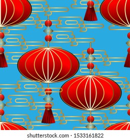 Modern abstract pattern with chinese lantern. Modern vector illustration. Vintage design template with golden chinese lantern on colorful background