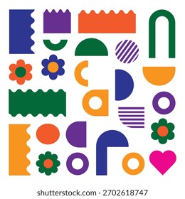 Patrón abstracto moderno con Formas geométricas coloridas, incluyendo Elementos ondulados, círculos y motivos florales. diseñado para varios proyectos creativos.