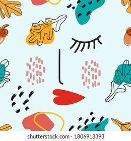 
Modern abstract pattern with eyes and autumn leaves in doodle style.
Vector design.