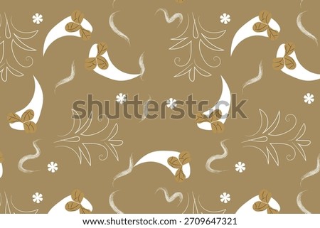 A modern, abstract pattern featuring white and black flowing paisley shapes on a khaki background, offering a subtle, sophisticated texture.