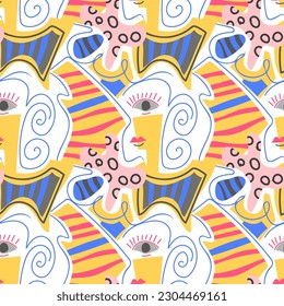 Modern abstract pattern with geometric shapes resembling a woman's face. Avant-garde, fantasy, collage. Texture with dots, circles, stripes. Line. For textile design, invitations, postcards, paper.