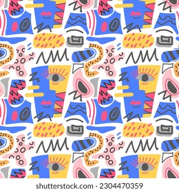 Modern abstract pattern with geometric shapes resembling a man's face. Avant-garde, fantasy, collage. Texture with dots, circles. stripes. Line. For textile design, invitations, postcards, paper.