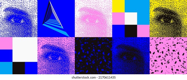 Modern Abstract Pattern Horizontal Background With Grunge Transition Texture, Geometric Shapes Elements Objects, Bold Composition. Design Item For Magazine, Leaflet, Billboard, Sale