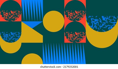 Modern Abstract Pattern Horizontal Background With Grunge Transition Texture, Geometric Shapes Elements Objects, Bold Composition. Design Item For Magazine, Leaflet, Billboard, Sale