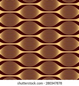 Modern abstract pattern of interwoven lines. Longitudinal mesh figures. Seamless vector pattern. Golden color on a claret background. Can be using to celebratory backdrops or greeting cards.
