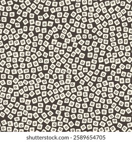 Modern, abstract pattern with irregular arrangement of square shapes. Playful, and slightly tribal aesthetic.