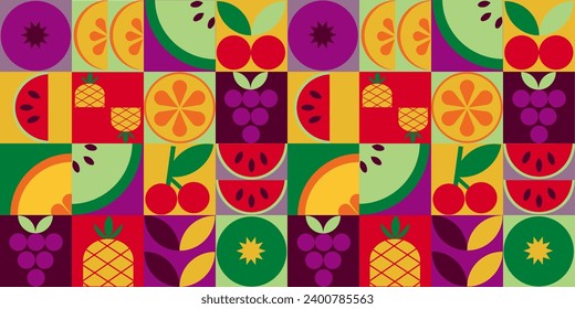 Modernes abstraktes Muster. Minimalistische geometrische Formen. Früchte, Blätter, Beeren. Ideal für Zuhause, Tapeten, Textilien, Verpackungen.3