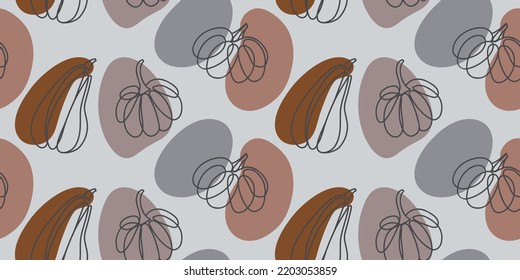 Patrón abstracto moderno calabaza dibujada a mano de una línea. 
Calabazas otoñales sobre el fondo desnudo de moda al estilo doodle. 
Moda de otoño creativa papel tapiz impreso en estilo minimalista. Calabaza abstracta.