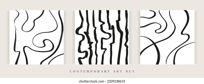 Modern abstract pattern set. Contemporary trendy black and white print template. Minimalist vector set perfect for packaging design, web design, fabric, wallpaper, printing materials or social media.