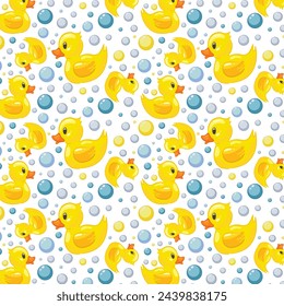 Modern abstract pattern with yellow rubber duck bubbles pattern. Cartoon flat vector illustration.  Seamless pattern.