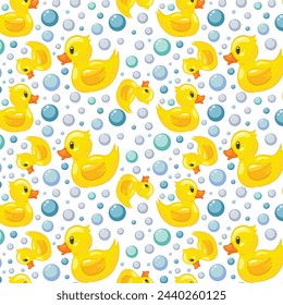 Modern abstract pattern with yellow rubber duck bubbles pattern. Cartoon flat vector illustration.  Seamless pattern.