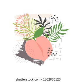 El vector de ácaros de melocotón abstracto moderno deja el fondo. Hojas dibujadas a mano y fondo artístico de línea