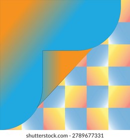 Modern Abstract Peeling Paper with Blue and Orange Gradient and Checkerboard Background