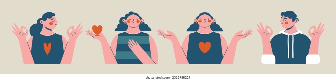 Personas abstractas modernas. Hombre, mujer, que muestra un gesto correcto, sostiene el corazón en la mano, extiende las manos, sostiene el pecho con la mano. Concepto de apoyo a la salud mental. Imágenes de dibujos animados planos. Gente divertida y peculiar.