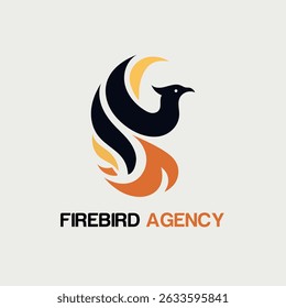 Modern abstract phoenix logo featuring a stylized black bird rising with dynamic flame-like elements in orange and yellow. 