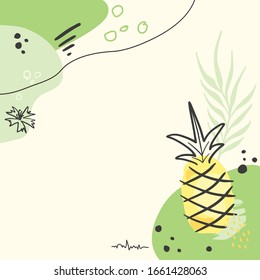 Modern abstract pineapple art vector background. Hand draw leaves and line art background for social media, cover, fabric, interior decor.