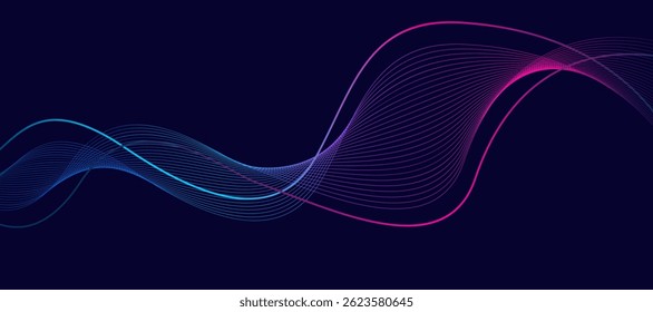 Modern abstract pink blue gradient flowing wave lines on dark background. Glowing lines. Shiny moving lines design. Futuristic banner template.
