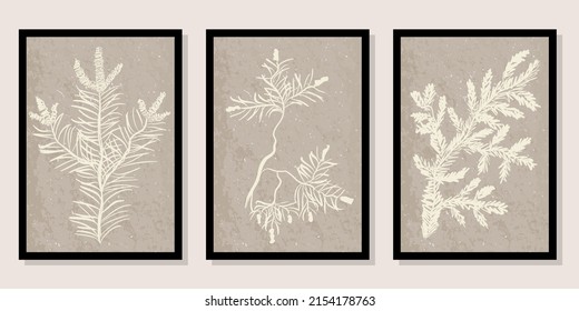 Modern abstract plant vector set. Botanical wall art on neutral beige texture. Hand-drawn pine and fur branches. Contemporary minimalist design for interior decor, cover, wallpaper, poster, print