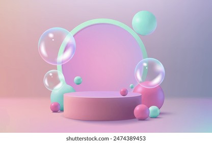 A modern and abstract podium with soap bubbles in pink and green. This vibrant design is perfect for marketing and promotion. Use it for banners, posters, and product displays. Not AI.