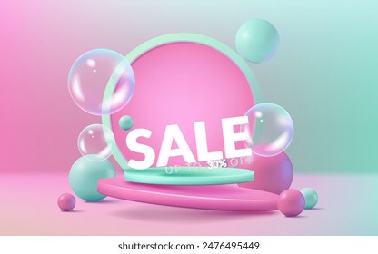 Un podio moderno y abstracto con burbujas de jabón en rosa y verde. Este diseño vibrante es perfecto para el marketing y la promoción. Utilícelo para Anuncios, carteles y presentaciones de productos. No la IA.