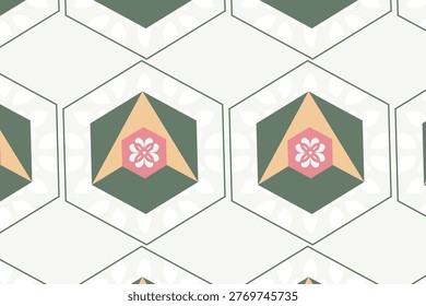 Modern abstract polygon geometric floral seamless pattern with angular botanical shapes in muted tones, suitable for wallpaper, textile printing, packaging, and contemporary surface applications