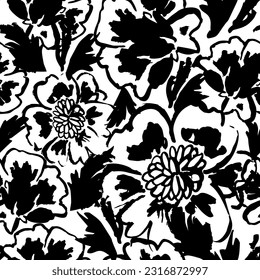 Modern abstract poppy flowers and leaves seamless pattern. Rough grunge textured flower background in black and white colors, sketch repeat. Vector illustration or textile, wallpapers, prints