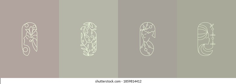 Modern abstract portrait. Logo for business in the industry of beauty, spa, health, personal hygiene. Beautiful image of face. Linear stylized image. Logo of a beauty salon, tattoo, health industry.