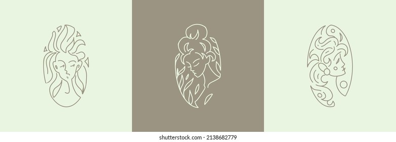 Modern Abstract Portrait. Logo For Business In The Beauty Industry, Spa, Health, Massage Parlor, Cosmetics, Personal Care. Linear Stylized Image Of A Girl's Face In Leaves. Forest Nymph. Smooth Lines