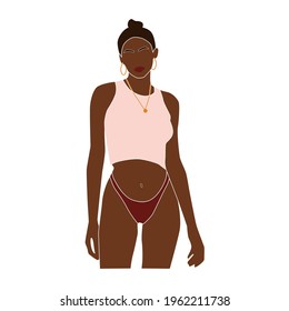 Modern abstract portrait of summer woman isolated on white background. Black faceless female in swimsuit. Trendy vector illustration.