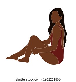 Modern abstract portrait of summer woman isolated on white background. Black faceless female in red swimsuit. Trendy vector illustration.