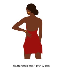 Modern abstract portrait of summer woman isolated on white background. Black faceless female in red dress. Back view. Trendy vector illustration.