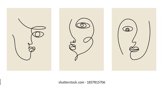 Modern abstract portraits, cubism faces. Set of trendy outline female silhouettes. Continuous line, hand drawn outline contemporary vector illustrations in pastel colors