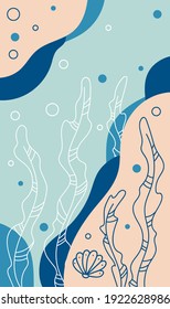 Modern abstract poster with algae, bottom, bubbles. Smooth shapes and lines. Design for wall decoration, packaging, postcards, advertising. Vector illustration