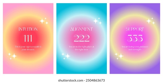 Modern abstract poster with Angel Numbers. Angel No 111 222 333 Intuition, Alignment, Support. Gradient aura, colorful and bright background, printable poster templates. Positive energy art