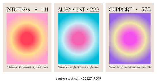 Cartaz moderno abstrato com Números Anjos. Angel No 111 222 333 Intuição, Alinhamento, Suporte. Aura gradiente, fundo colorido e brilhante, modelos de cartaz imprimíveis. Arte com energia positiva