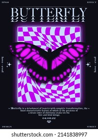 Mariposa moderna de afiche abstracto. En el estilo del año 2000, impresión elegante para ropa de calle, impresión para camisetas y capuchas, aislada en fondo negro