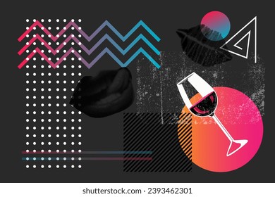 Modern abstract poster collage with lips and glass of wine, party background on black backdrop