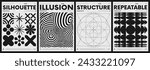 Modern abstract poster collection, vector minimalist posters with geometric shapes in black and white, brutalist style inspired graphics, bold aesthetic, shape distortion effect set 5