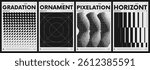 Modern abstract poster collection, vector minimalist posters with geometric shapes in black and white, brutalist style inspired graphics, bold aesthetic, shape distortion effect set 13