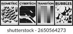 Modern abstract poster collection, vector minimalist posters with geometric shapes in black and white, brutalist style inspired graphics, bold aesthetic, shape distortion effect set 20