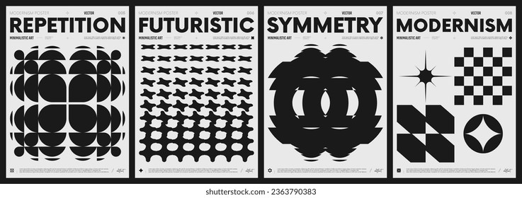 Modern abstract poster collection, vector minimalist posters with geometric shapes in black and white, brutalist style inspired graphics, bold aesthetic, shape distortion effect set 2