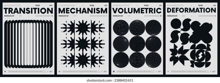 Modern abstract poster collection, vector minimalist posters with geometric shapes in black and white, brutalist style inspired graphics, bold aesthetic, shape distortion effect set 3