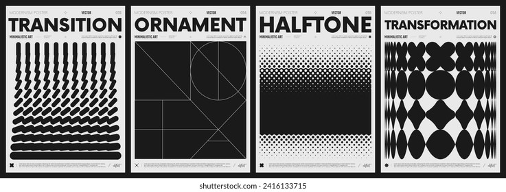 Modern abstract poster collection, vector minimalist posters with geometric shapes in black and white, brutalist style inspired graphics, bold aesthetic, shape distortion effect set 4