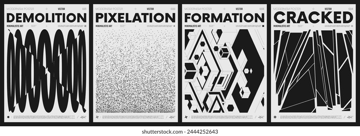 Modern abstract poster collection, vector minimalist posters with geometric shapes in black and white, brutalist style inspired graphics, bold aesthetic, shape distortion effect set 6